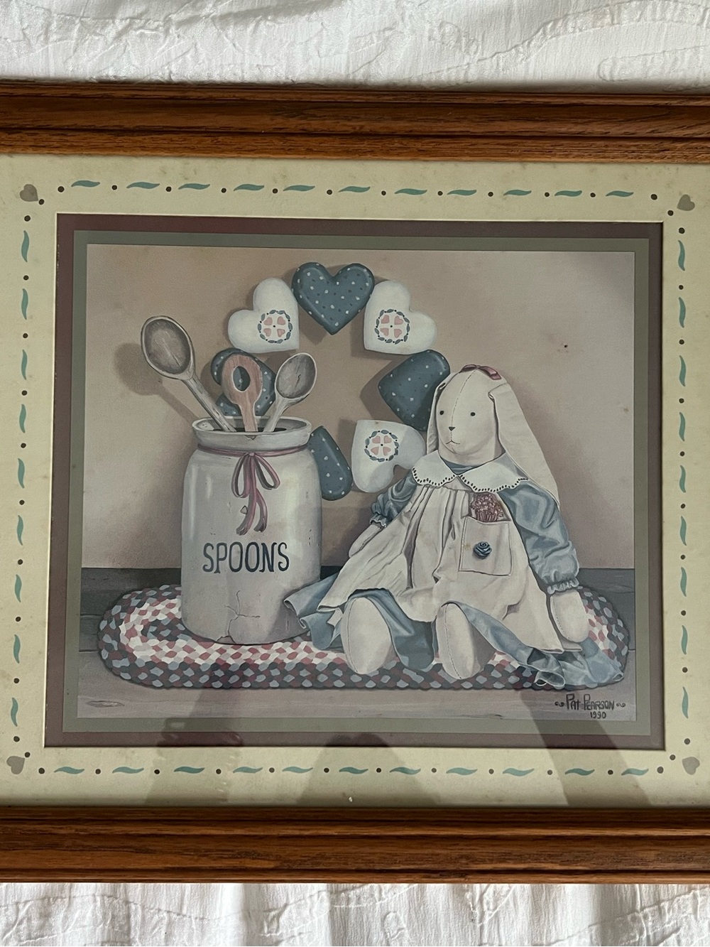 Framed Pat Pearson 1990 Bunny Rag Doll Kitchen Print with Spoons Jar